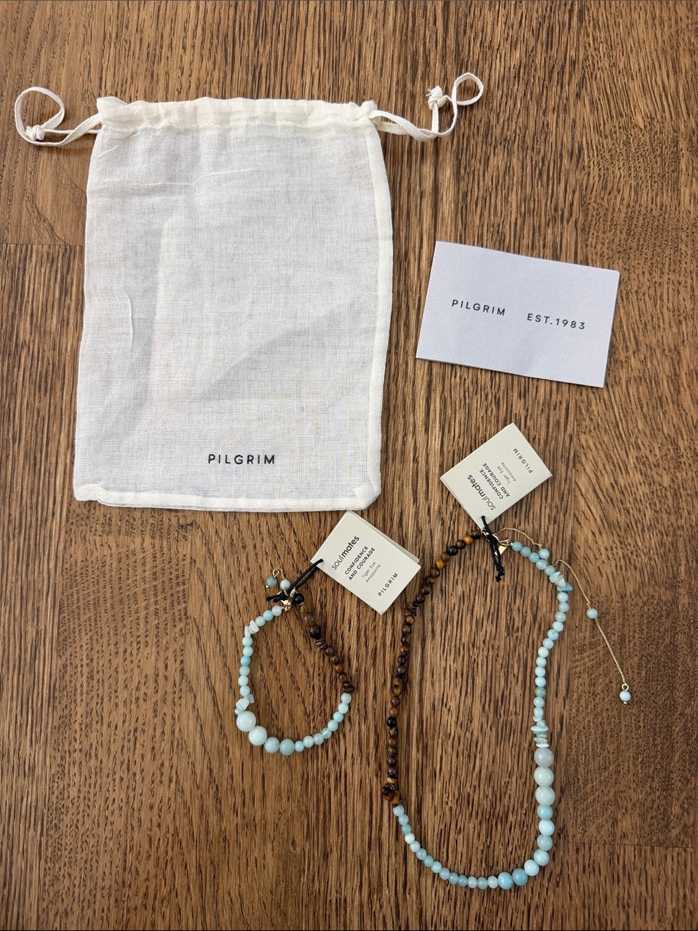 Pilgrim Danish Jewelry Tiger Eye and Amazonite Necklace & Bracelet Set NWT